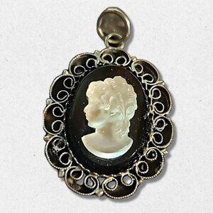 Vintage 40's Mother of Pearl Cameo Charm Pendant Filigree Border Silver/White OS